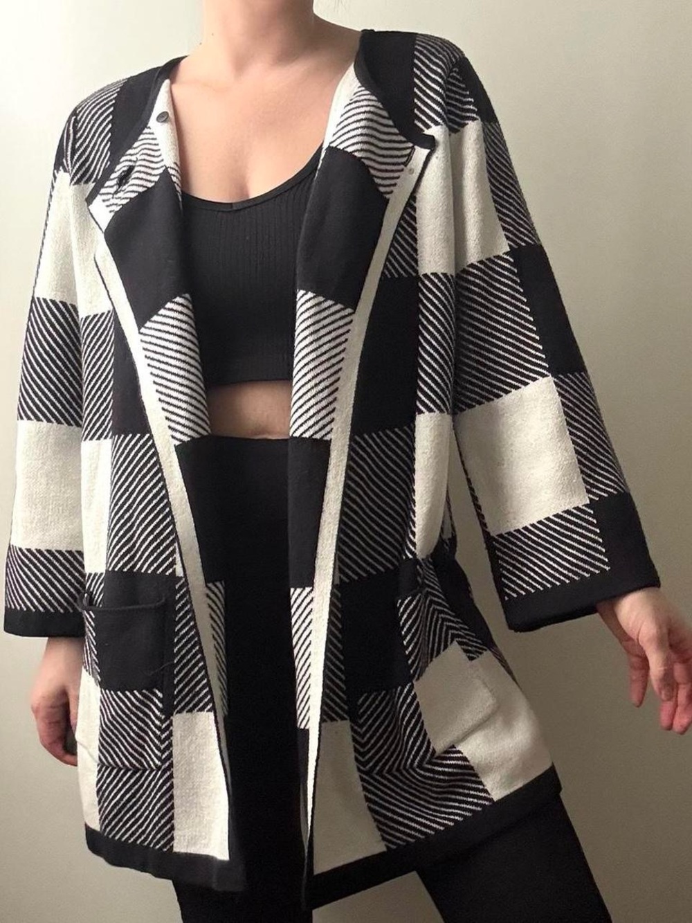 Alfani black and white plaid long cardigan sweater